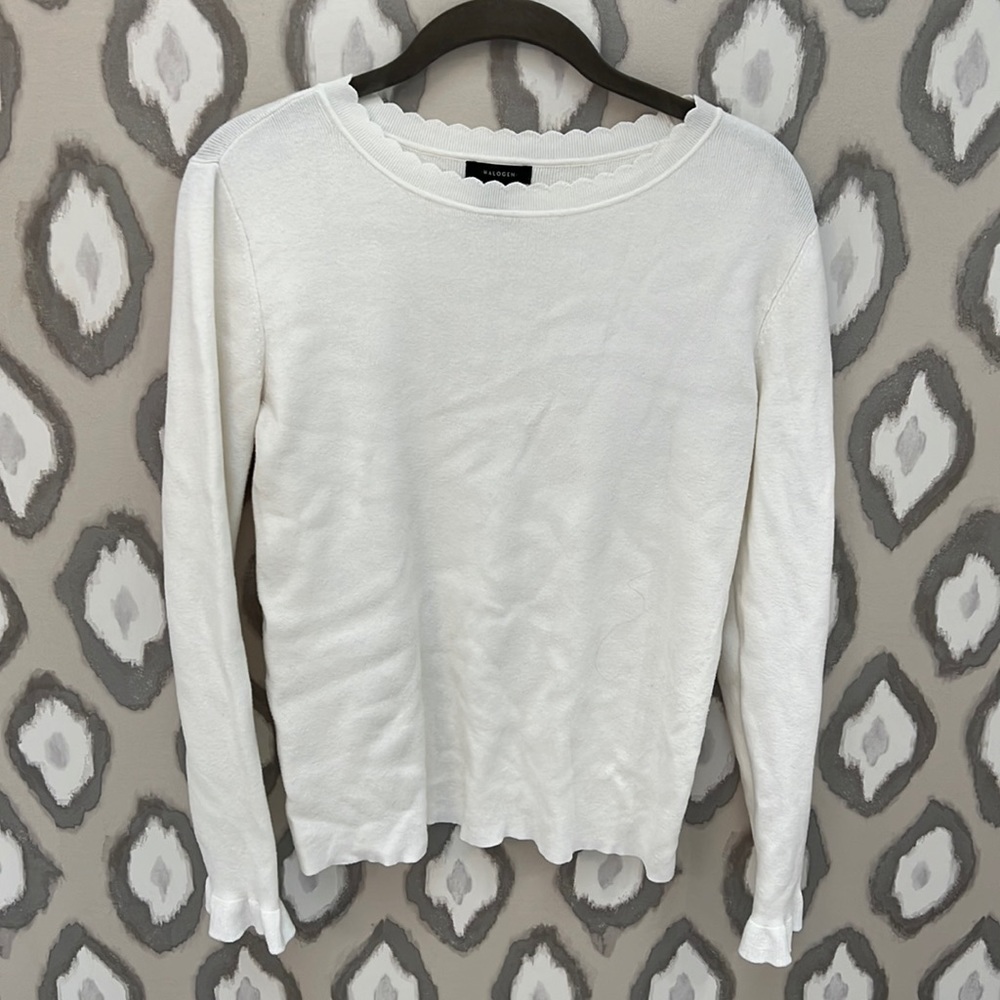 white scalloped neck sweater
